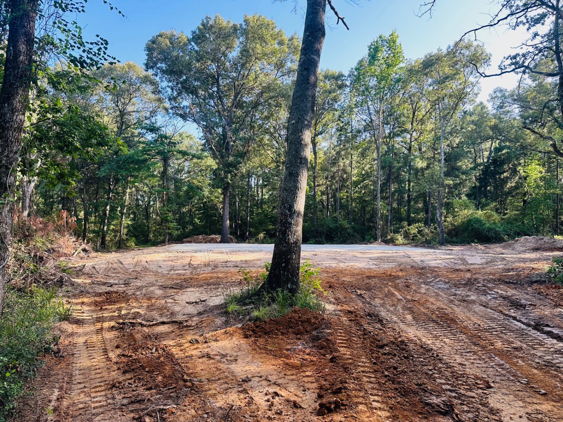 Cleared gravel pad set behind a mature oak in the pines